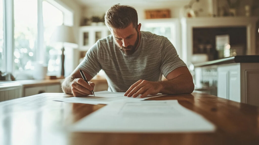 Man Sitting At Desk Signing Care Note Documents