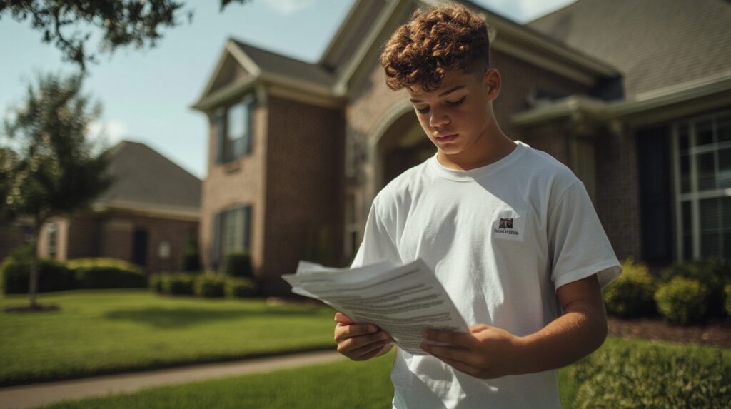 Young Person Reading Estate Documents In Front Of Home Considering Inheritance And Future Property Management